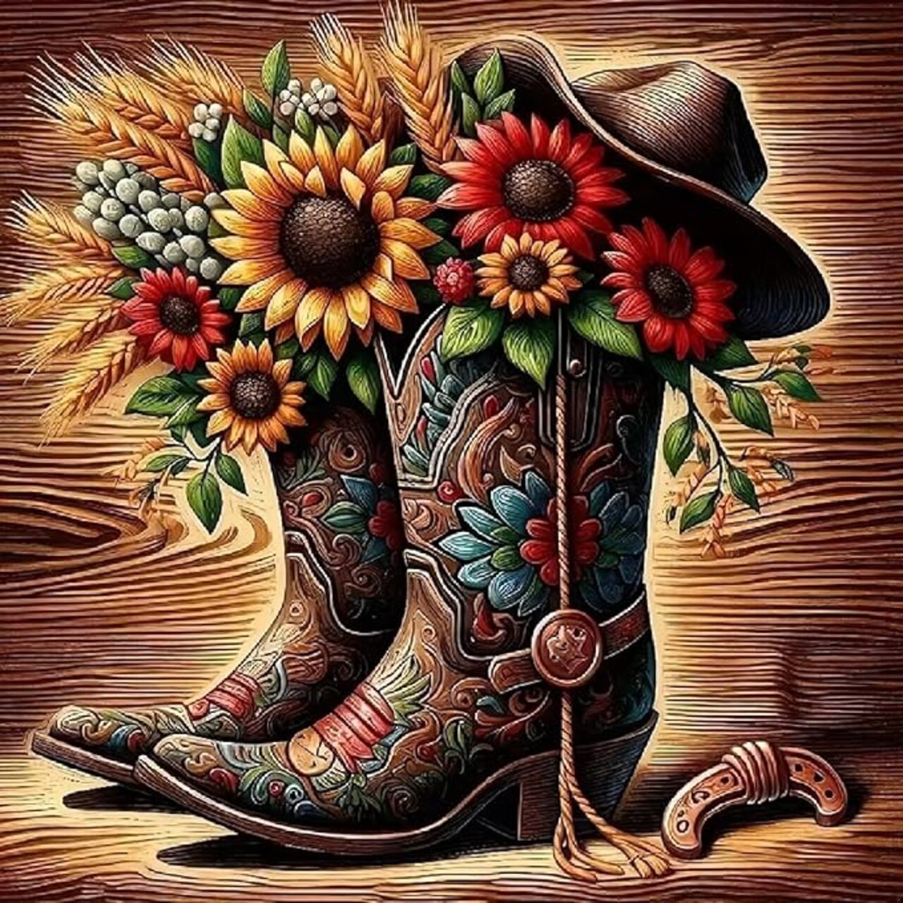 Cowboy Boot & Sunflower 5D Diamond Painting Kit for Adults & Beginners – Full Drill Round Diamond Art Set 12x12 Inch – DIY Floral Western Wall Decor Craft Kit